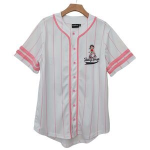 Betty Boop Baseball Jersey Womens Medium Pink White Button Up Retro Novelty